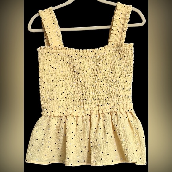 ENTRO Butter Yellow/Black Polka Dot Crinkle Fabric Smocked Tank, Sz Medium, EUC. - Picture 6 of 6